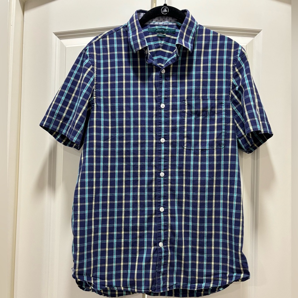 Perry Ellis Navy Yellow Teal Short Sleeved Button Down Plaid Shirt 100% Cotton M
